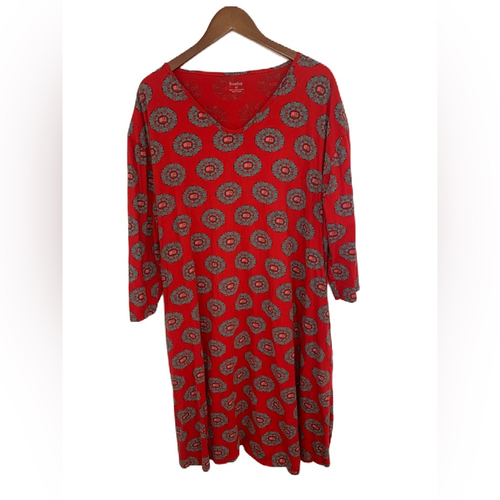 Svaha Book Print Dress 4X Organic Cotton Red V Neck Fit Flare Pockets Librarian